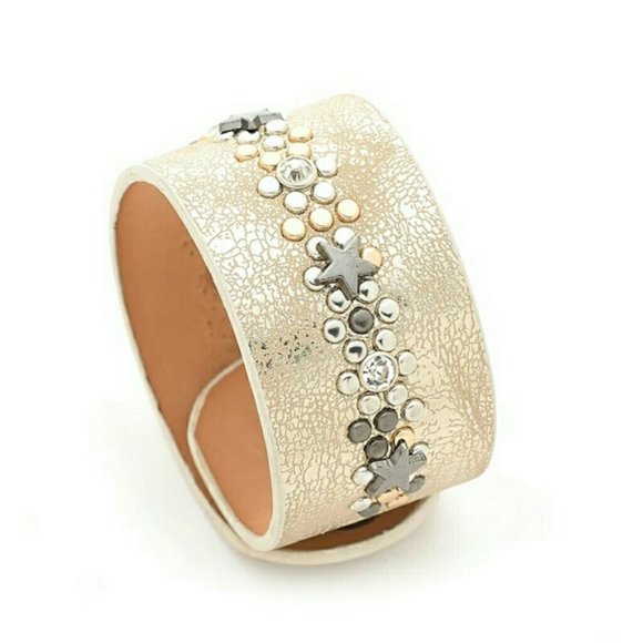 Star Cuff Bracelet Leather Champagne Artisan - Picture 2 of 6